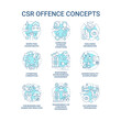 Corporate social responsibility offence blue concept icons set. Work rights. Voluntary policies and regulations idea thin line color illustrations. Vector isolated outline drawings. Editable stroke