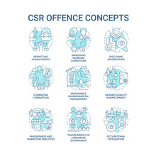 Corporate Social Responsibility Offence Blue Concept Icons Set. Work Rights. Voluntary Policies And Regulations Idea Thin Line Color Illustrations. Vector Isolated Outline Drawings. Editable Stroke