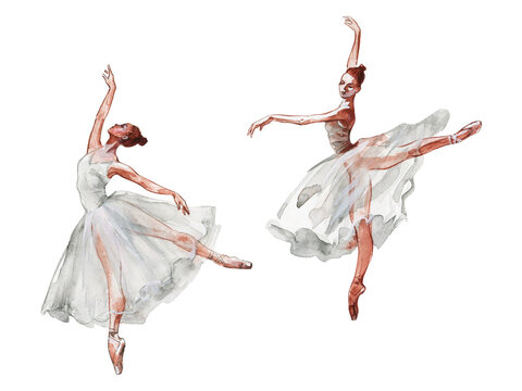 watercolor isolated dancing ballerinas. hand drawn classic ballet performance. painting set of young