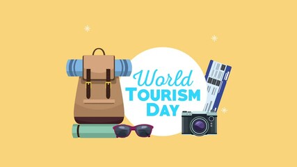 Poster - world tourism day lettering with travel icons around