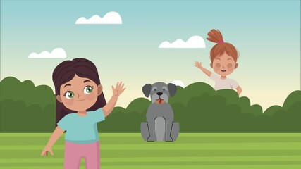 Poster - little girls with dog in the camp animation