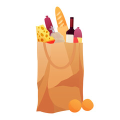 Paper shopping bag products grocery. Different food and beverage products, grocery shopping. Grocery supermarket. Fresh organic food and drinks. Grocery delivery concept