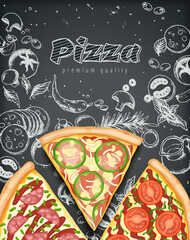 Wall Mural - Color pizza poster. Savoury pizza ads with 3d illustration rich toppings dough on engraved style chalk doodle background.  banner for cafe, restaurant or food delivery service. Top view