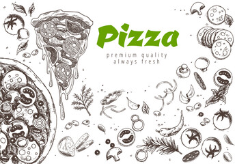 Wall Mural - Pizza line banner. Engraved style doodle background. Savoury pizza ads with illustration rich toppings dough. Tasty  banner for cafe, restaurant or food delivery service