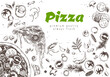 Pizza line banner. Engraved style doodle background. Savoury pizza ads with 3d illustration rich toppings dough. Tasty  banner for cafe, restaurant or food delivery service