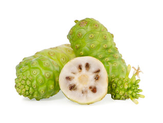 Wall Mural - Noni or Morinda Citrifolia fruits with sliced and green leaf isolated on white background (Rubiaceae Noni, great morinda, indian mulberry, beach mulberry, cheese fruit, Gentianales)