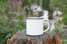 Blank Enamel Coffee Cup Mockup, Empty Camping Mug In Forest For Design Presentation,