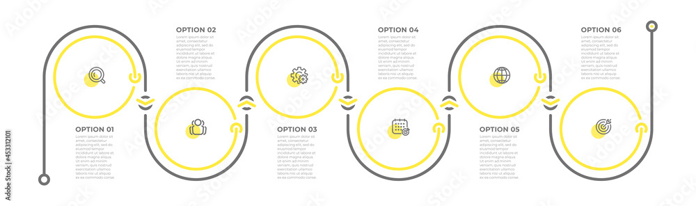 Business infographic template. Timeline process with icons and 6 options. Vector illustration. - obrazy, fototapety, plakaty 