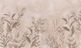 Fototapeta Boho - Photo wallpapers for walls. Beautiful leaves on a beige background. A mural for a room. Painted grass.