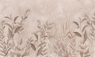 photo wallpapers for walls. beautiful leaves on a beige background. a mural for a room. painted gras