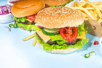 Wall Mural - Various burgers set on blue background