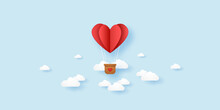 Valentines Day, Illustration Of Love, Red Folded Heart Hot Air Balloon Flying In The Sky, Paper Art Style