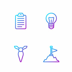 Poster - Set line Mountains with flag on top, Tie, To do list or planning and Light bulb. Gradient color icons. Vector