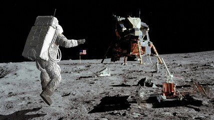 Wall Mural - 3d rendering. astronaut jumping on the moon. cg animation. elements of this image furnished by nasa.