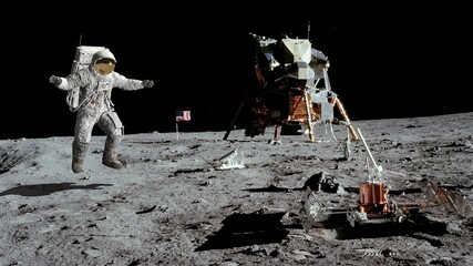 3D rendering. Astronaut jumping on the moon. CG Animation. Elements of this image furnished by NASA.