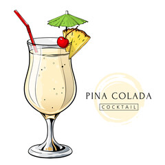 Pina Colada cocktail, hand drawn alcohol drink with pineapple slice and cherry. Vector illustration on white background