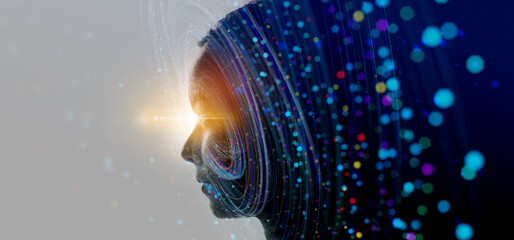 Fototapete - Double exposure of business woman and Big Data concept. Digital neural network.Introduction of artificial intelligence. Cyberspace of future.Science and innovation of technology.