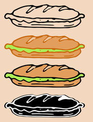 Wall Mural - Vector set of a large sandwich with salad in a flat style. a set of hand-drawn sandwich made of a long bun with a green salad. isolated outline and black silhouette for the label menu design template