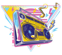 Funky Colorful Drawn 80s Boom Box Tape Recorder - Music Design