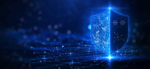 Leinwandbilder - Cybersecurity technology privacy concept to protect data. There is a shield on the right hand side. against a dark blue background with glittering lights as the background.