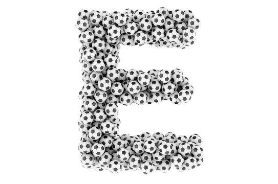 Letter E from soccer balls or football balls, 3D rendering