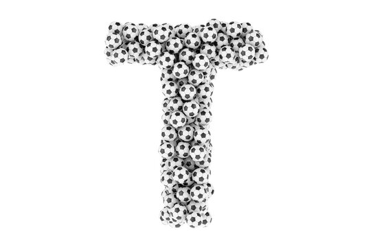 Letter T from soccer balls or football balls, 3D rendering