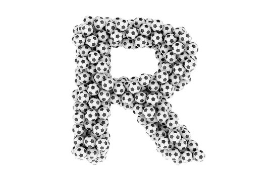 Letter R from soccer balls or football balls, 3D rendering