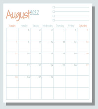 August 2022 Calendar Month Planner With To Do List, Week Starts On Sunday, Template, Mock Up Calendar Leaf Illustration. Vector Graphic Page