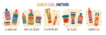 Illustration Of Cosmetics For Curly Hair Routine. Concept To Curly Girl Method. Hair Care Bottle Styling, Cleansing, Treatment For Kinky Hair. Doodle Style. Vector