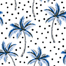 Tropical Blue Palm Trees, Polka Dots, White Background. Vector Seamless Pattern. Vintage Illustration. Exotic Jungle. Summer Beach Design. Paradise Nature