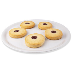 Closeup of cookies with raisin centers isolated on white backg