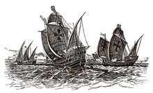 Three Historic Ships, Santa Maria, Nina, Pinta Sailing On Sea, After Antique Engraving From 19th Century