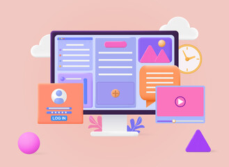 Computer with open pages. User interface design. Convenient and stylish layout of site. Template for websites and applications. Cartoon modern 3d vector illustration isolated on a pink background