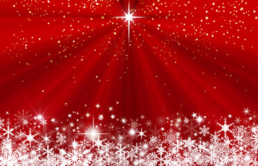 Wall Mural - Red Christmas snowflakes background illustration. Winter background illustration, with snowflakes, moravian star and light rays on red starry sky.