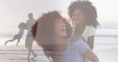 Sticker - Composite of happy african american mother and daughter, and father and daughter playing on beach