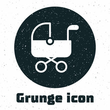 Grunge Baby Stroller Icon Isolated On White Background. Baby Carriage, Buggy, Pram, Stroller, Wheel. Monochrome Vintage Drawing. Vector