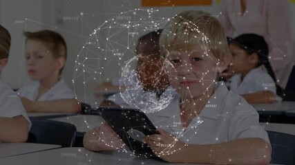 Poster - Animation of globe with network of connections over schoolboy using tablet