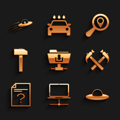 Canvas Print - Set FTP folder download, Computer network, UFO flying spaceship, Two crossed hammers, Unknown document and Hammer icon. Vector