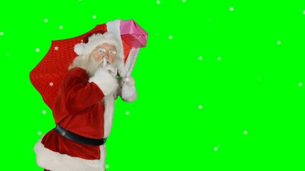 Wall Mural - animation of santa claus with finger on lips carrying sack over green screen background