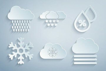 Sticker - Set Cloud with snow, Water drop percentage, Snowflake, Fog and cloud, and rain icon. Vector