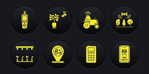 set automatic irrigation sprinklers, smart farm with drone, tractor and location, remote control, wi