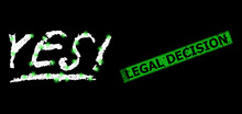 Bright Net Mesh Yes Text Framework With Bright Dots, And Green Rectangle Rubber Legal Decision Stamp Seal. Constellation Vector Model Created From Yes Text Pictogram And Intersected White Lines.