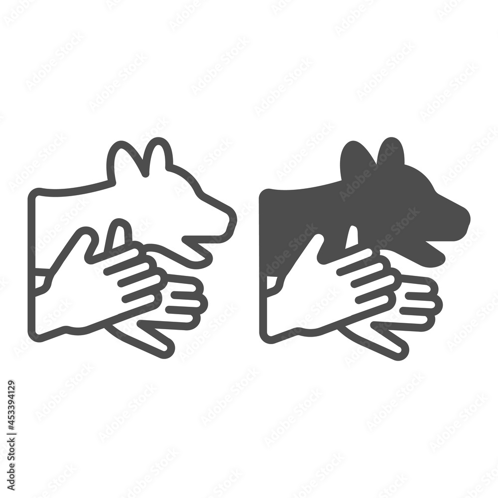 Two hands and a dog shaped shadow line and solid icon, theater concept ...
