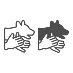 Poster - Two hands and a dog shaped shadow line and solid icon, theater concept, shadows theatre vector sign on white background, outline style icon for mobile concept and web design. Vector graphics.