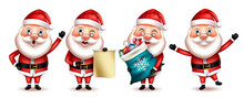 Santa Claus Christmas Character Vector Set. 3d Santa Claus Christmas Characters With Standing Pose And Happy Expression Holding Gifts And Letter Element For Xmas Design Collection. Vector Illustration