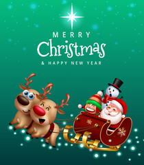Poster - Christmas greeting characters vector design. Merry christmas text with santa claus, elf and snowman character riding sleigh in xmas eve for fun holiday season. Vector illustration.
