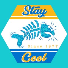 Wall Mural - surf style fish skeleton text stay cool and blue background