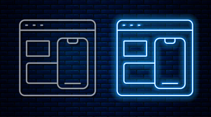Glowing neon line Software, web developer programming code icon isolated on brick wall background. Javascript computer script random parts of program code. Vector