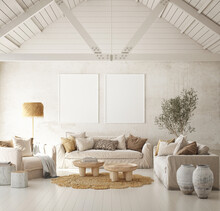 Mock Up Poster Frame In Modern Home Interior Background, Living Room, Boho - Scandinavian Style, 3D Render, 3D Illustration