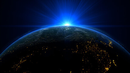 Wall Mural - blue sunrise and shadow on the earth rotate in space with star in universe. world realistic atmosphe
